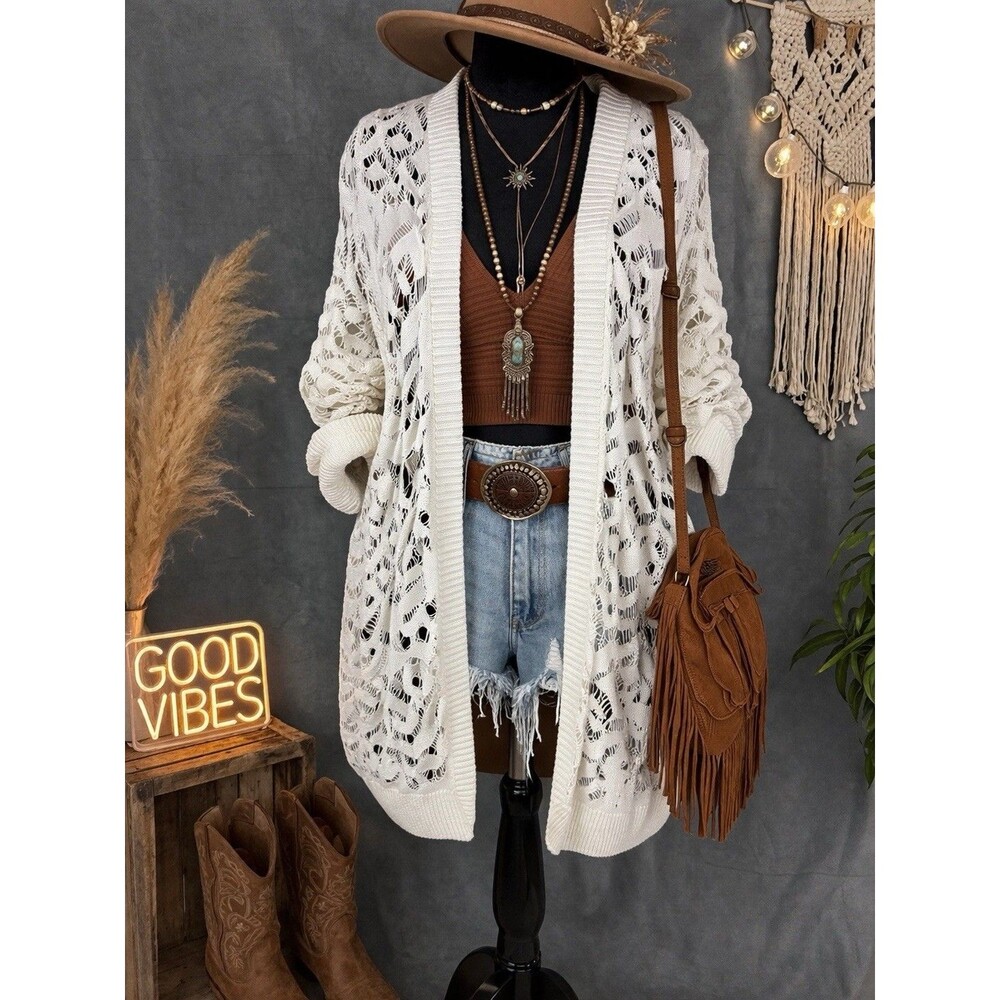 Torrid Open Knit Crochet Cardigan Sweater Size 3X White Long Sleeve Boho Layer
